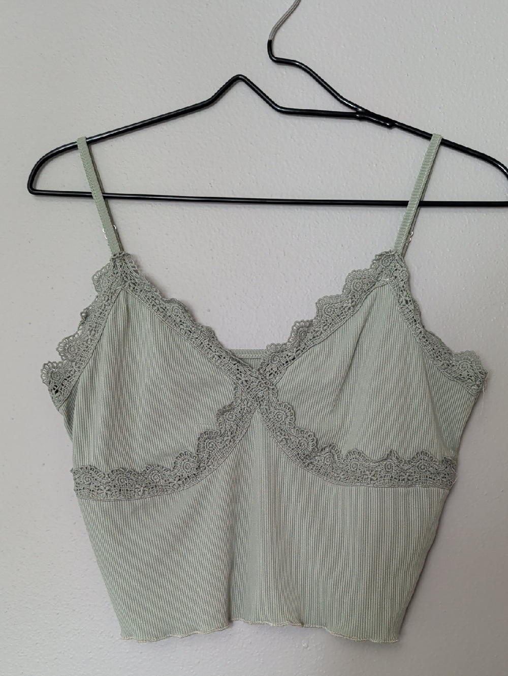 Lace Trim Ribbed Cami Top - Sage Green